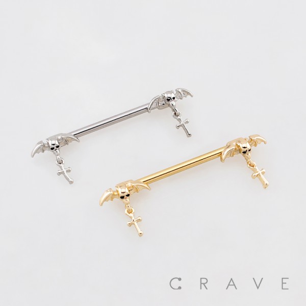 BAT SKULL MOTIFS WITH DANGLING CROSS CHARMS ENDS 316L SURGICAL STEEL NIPPLE RING BAT SKULL MOTIFS WITH DANGLING CROSS CHARMS ENDS 316L SURGICAL STEEL NIPPLE RING